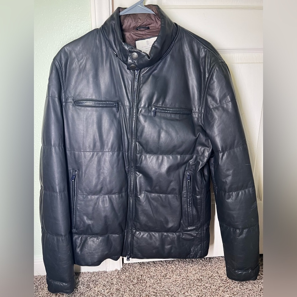 Brunello Cucinelli Large Black Leather Jacket Coat Brown Nylon Bomber Italy